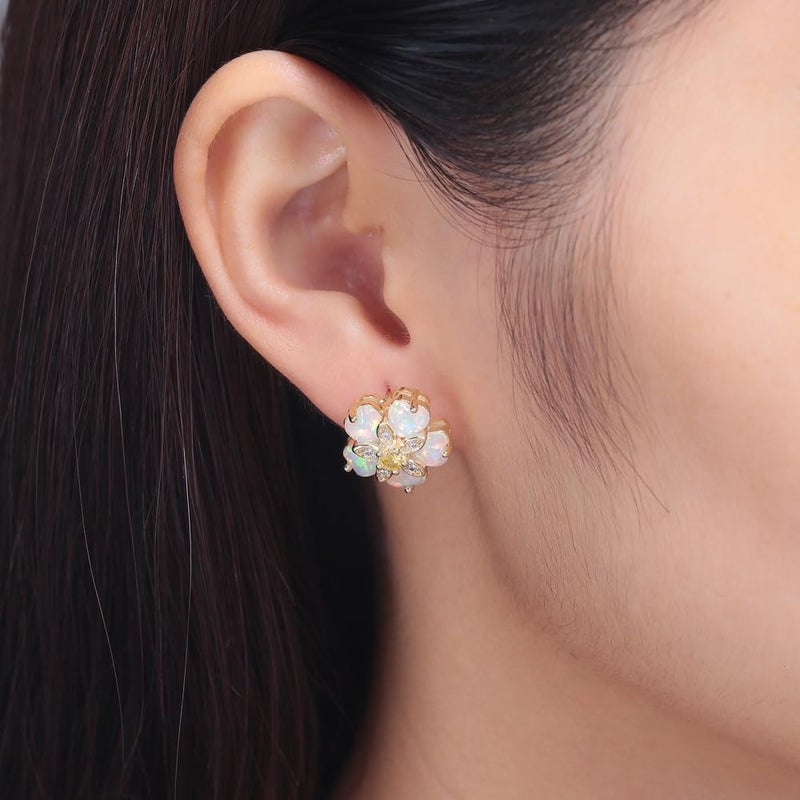 CiNily Yellow Gold Plated Flower Earrings Womens Opal Stud Earrings Ladies Big Hypoallergenic Hypoallergenic Gemstone Earrings - Image 3
